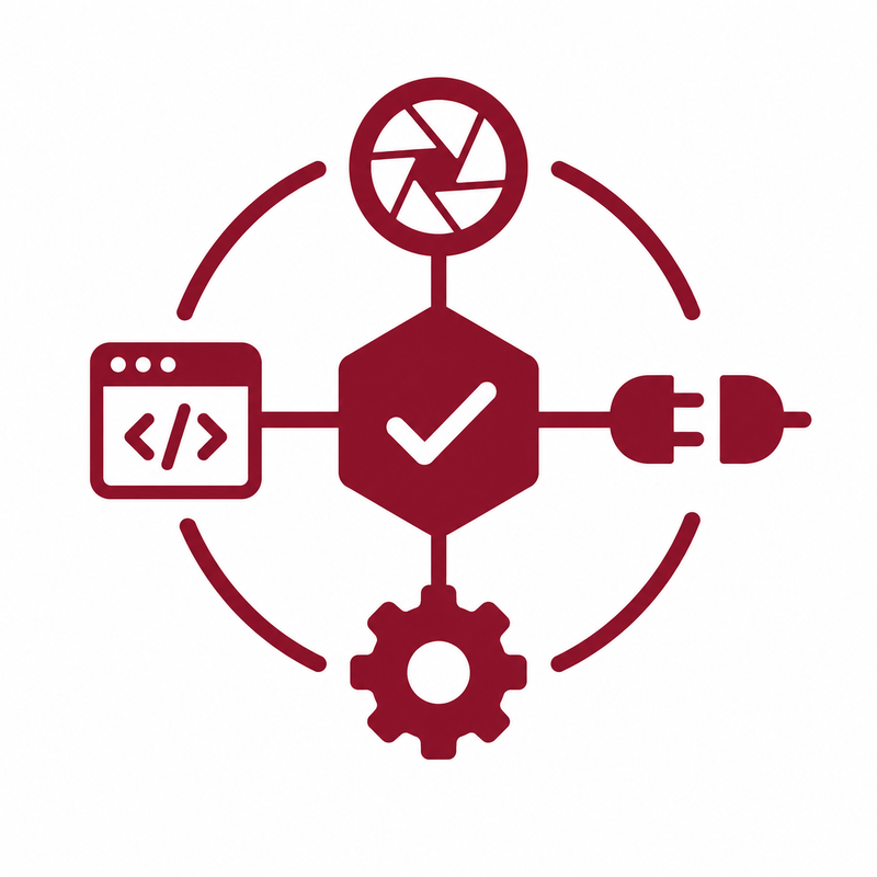 OCTUM Piktogramm für Verantwortung mit verbundenen Symbolen für Bildverarbeitung, Software, Schnittstellen und Maschinenumgebung.
