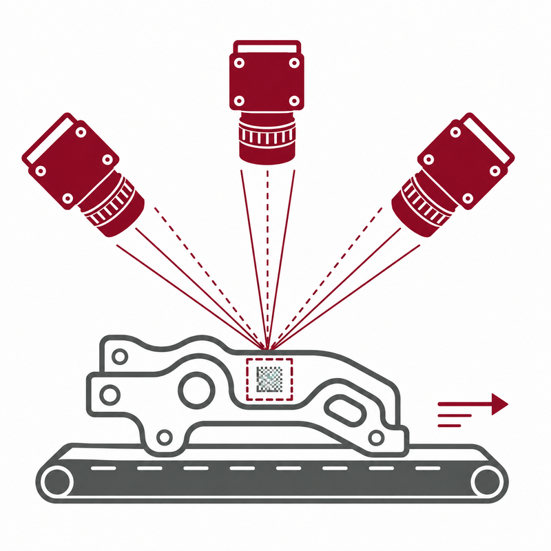 Mehrere Kameras erfassen die Kennzeichnung eines bewegten Automotive-Bauteils aus verschiedenen Perspektiven