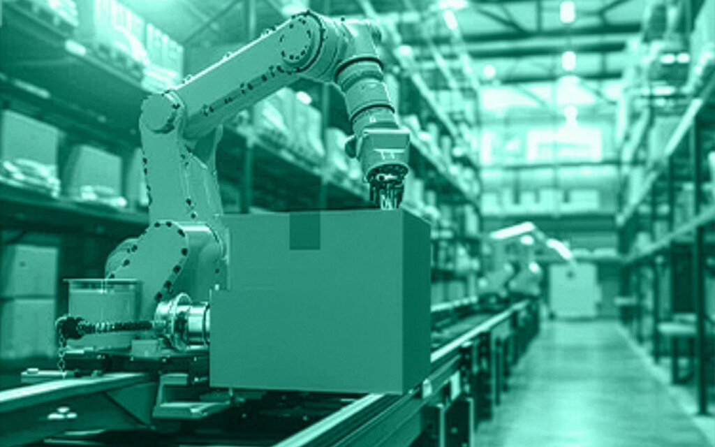 Automatisierte Verpackungslinie mit Roboterarm und integrierter Prüfstation