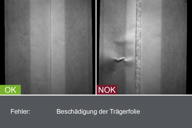 Industrielles Kamerabild von der Inspektion von Pflastern im Produktionsprozess - Beschädigung der Trägerfolie - mit Gut- und Schlechtbild
