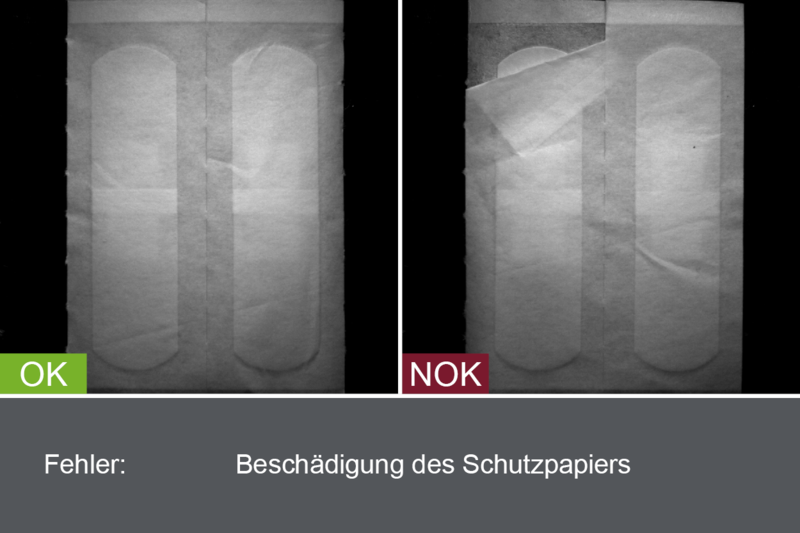 Industrielles Kamerabild von der Inspektion von Pflastern im Produktionsprozess - Beschädigung des Schutzpapiers - mit Gut- und Schlechtbild