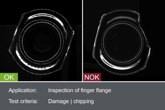 Industrial camera image of the inspection of the finger flange on a glass syringe during assembly with good and bad image