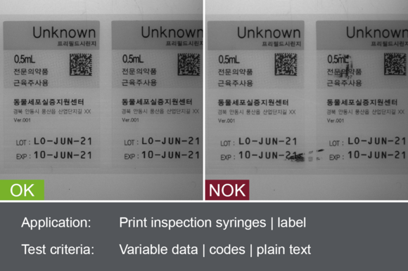 Industrial camera image from the inspection of printed labels with good and bad images
