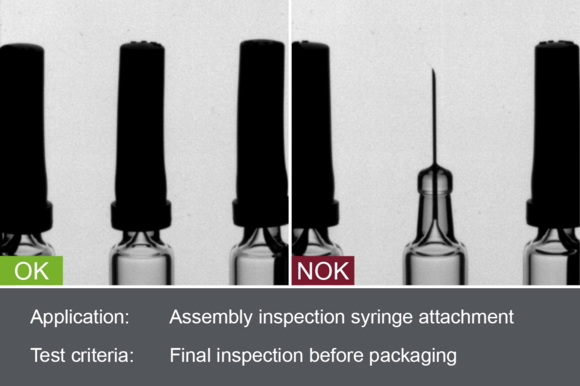 Industrial camera image of the inspection of the syringe attachment of a glass syringe during assembly with good and bad image - attachment missing