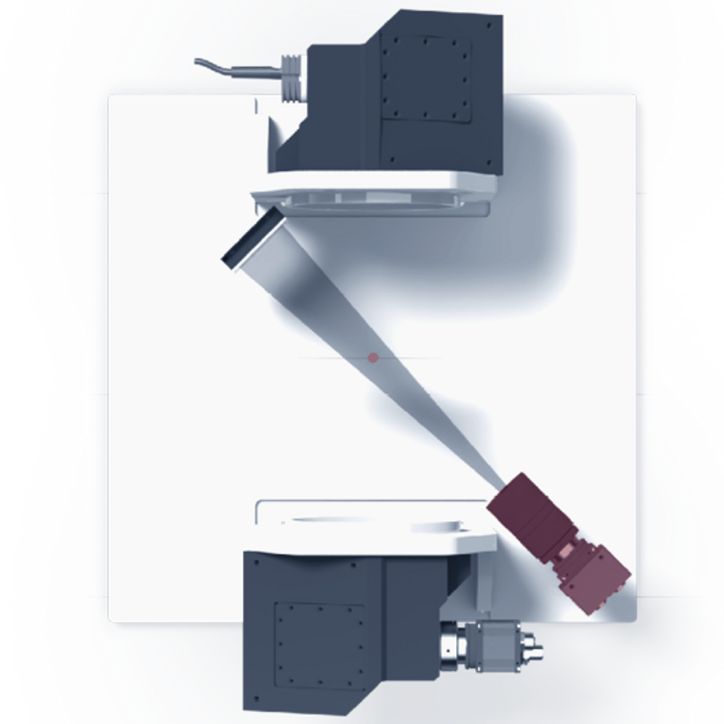 Konstruktionsbild von der Side-View-Inspektion von Pipettenspitzen im Produktionsprozess - Prüfung auf Randlauf, Grate und Durchmesser - Anordnung mit 1 Kamera