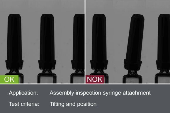 Industrial camera image of the inspection of the syringe attachment of a glass syringe during assembly with good and bad image