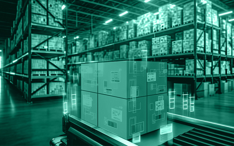 im Hochregallager wird eine Palette voller Kartons auf einem Transportband gefördert. Im Hintergrund sind die Logistik-Regale zu sehen