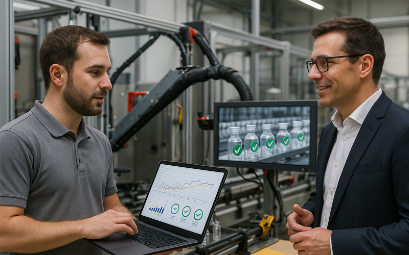 OCTUM Supportmitarbeiter steht mit einem Kunden an einer Abfüllanlage und prüfen das System