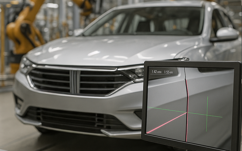 Ein Auto in der Montagehalle bei dem die Spaltmaße gemessen werden