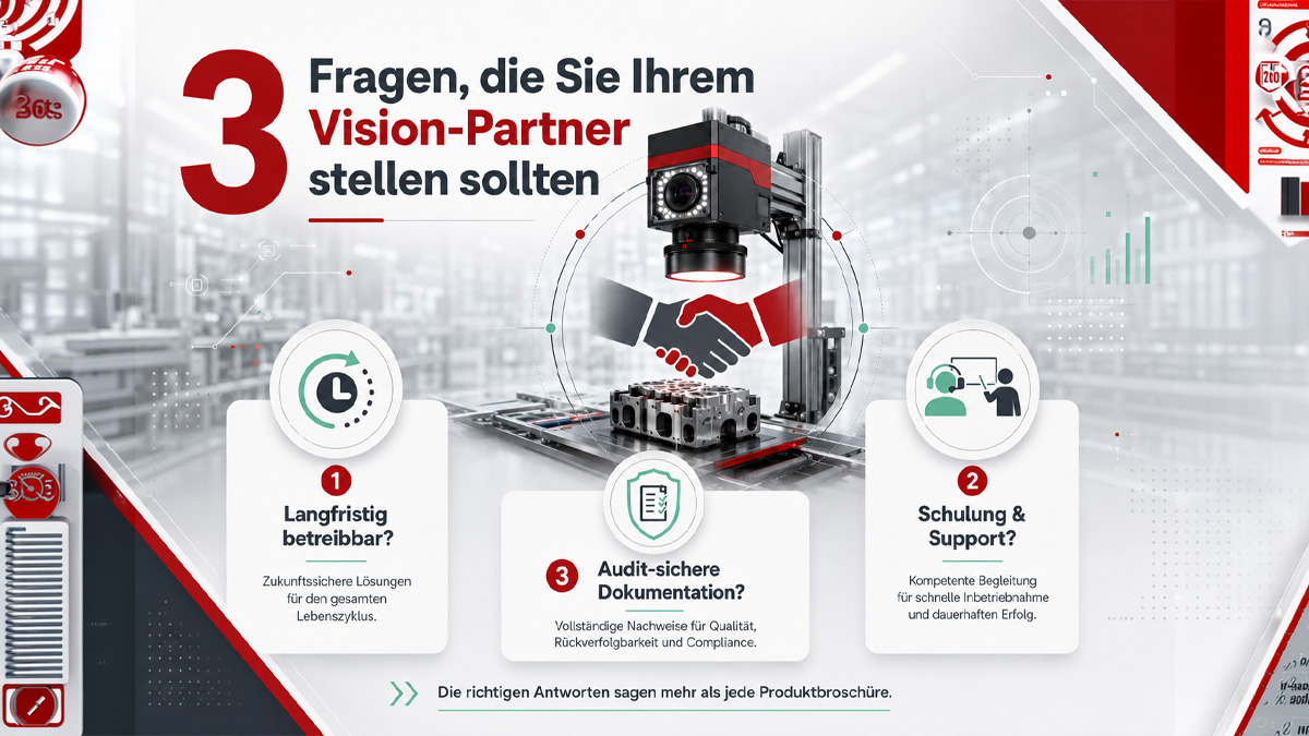 Infografik mit dem Titel „3 Fragen, die Sie Ihrem Vision-Partner stellen sollten“. Im Mittelpunkt steht ein industrielles Bildverarbeitungssystem mit Kamera und Handschlag-Symbol. Drei Themenfelder zeigen zentrale Fragen zur langfristigen Betreibbarkeit, zu Schulung und Support sowie zur audit-sicheren Dokumentation.
