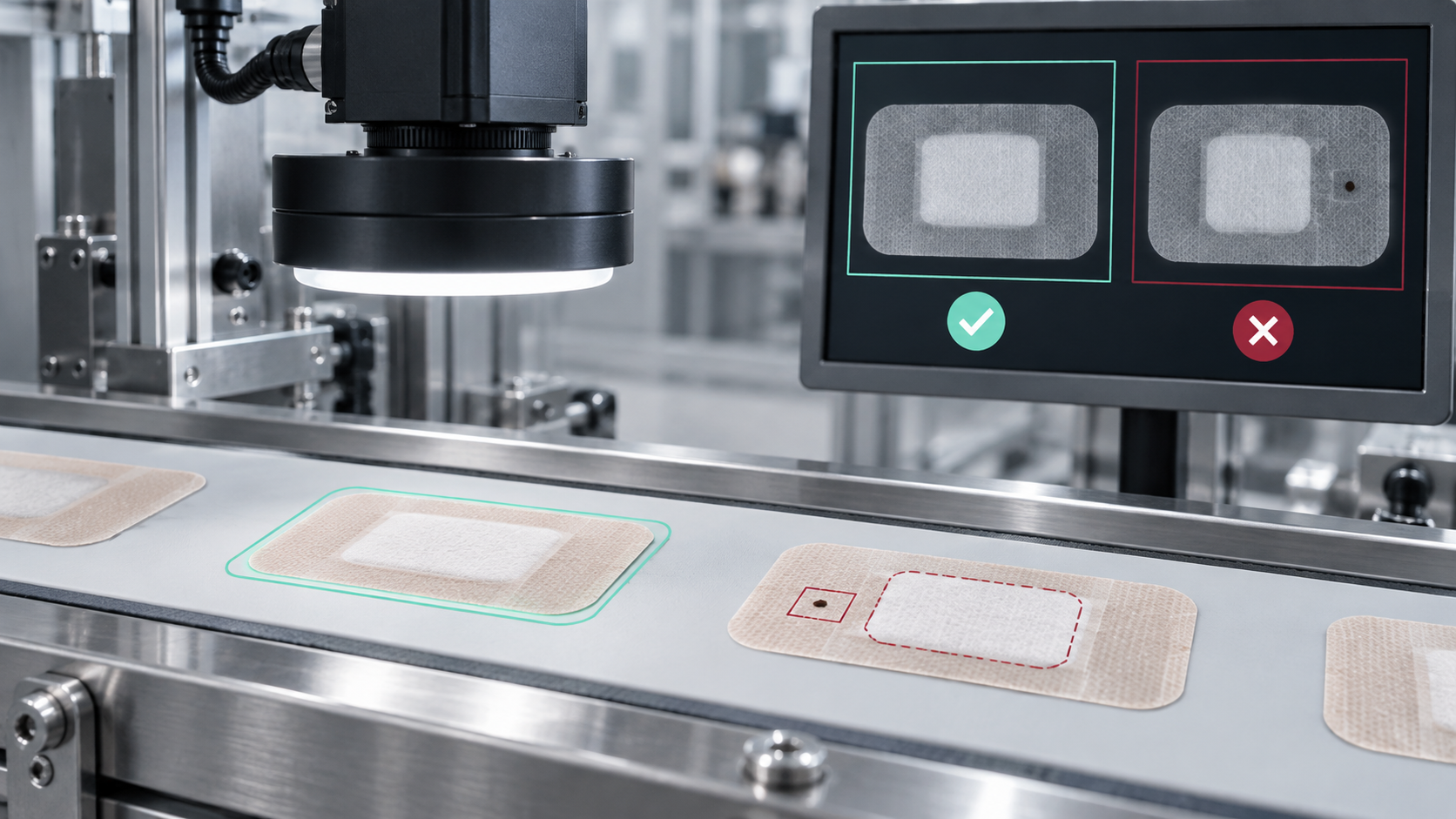 Automatisierte Pflasterinspektion an einer Produktionslinie: Eine Industriekamera prüft Kontur, Position und Sauberkeit. Ein Monitor zeigt ein korrektes Pflaster und ein fehlerhaftes Pflaster mit Partikel und verschobenem Wundpad.