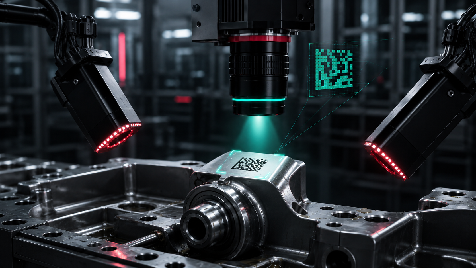 Industriekameras prüfen einen Data-Matrix-Code auf einem Metallbauteil