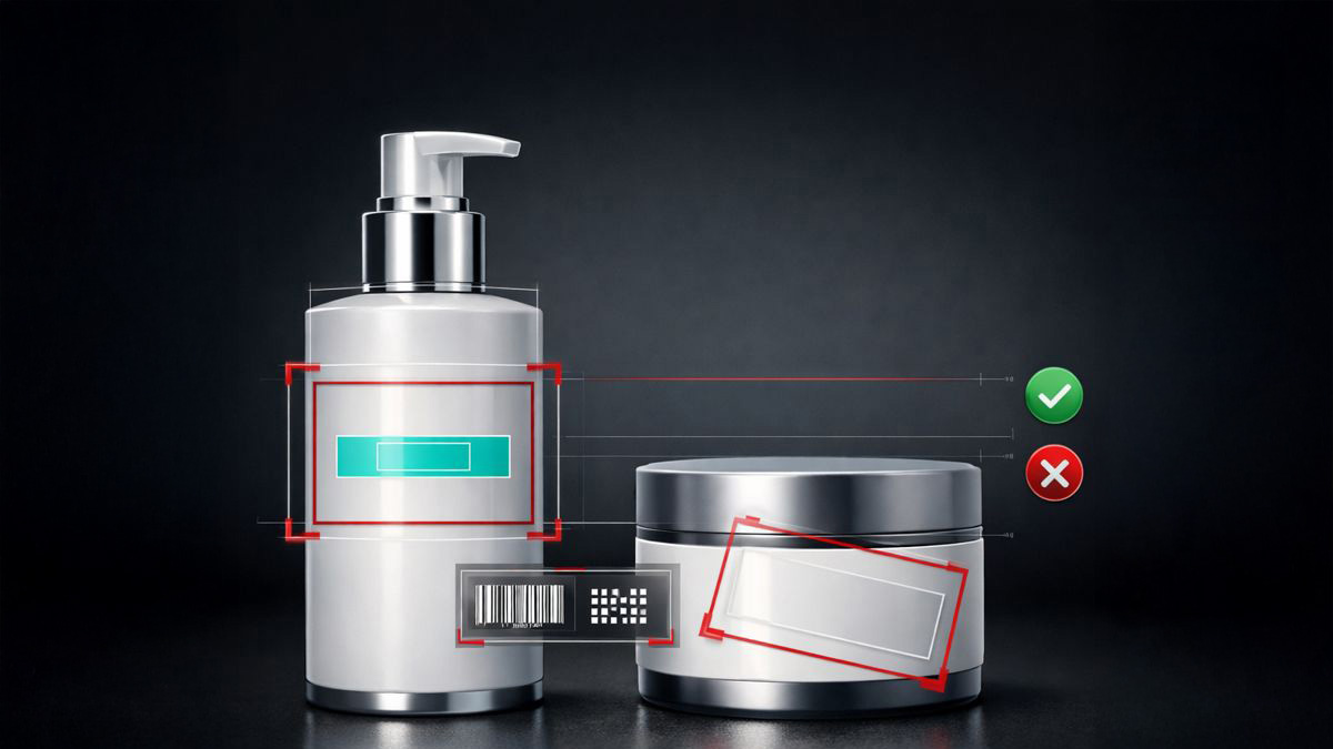 ein Hautcreme Pumpspender und ein Cremetiegel stehen auf schwarzem Grund. Die Etiktetten sind markiert hervorgehoben.