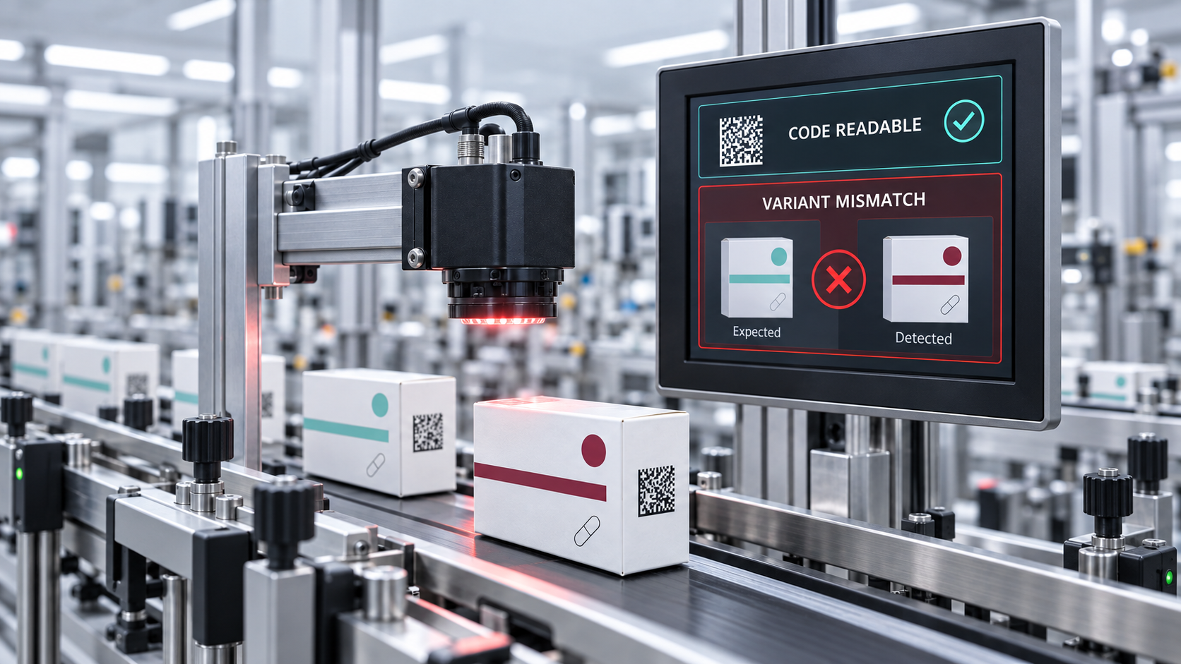 Automatisierte Codeprüfung an einer Verpackungslinie: Ein DataMatrix-Code ist lesbar, wird jedoch der falschen Produktvariante zugeordnet.