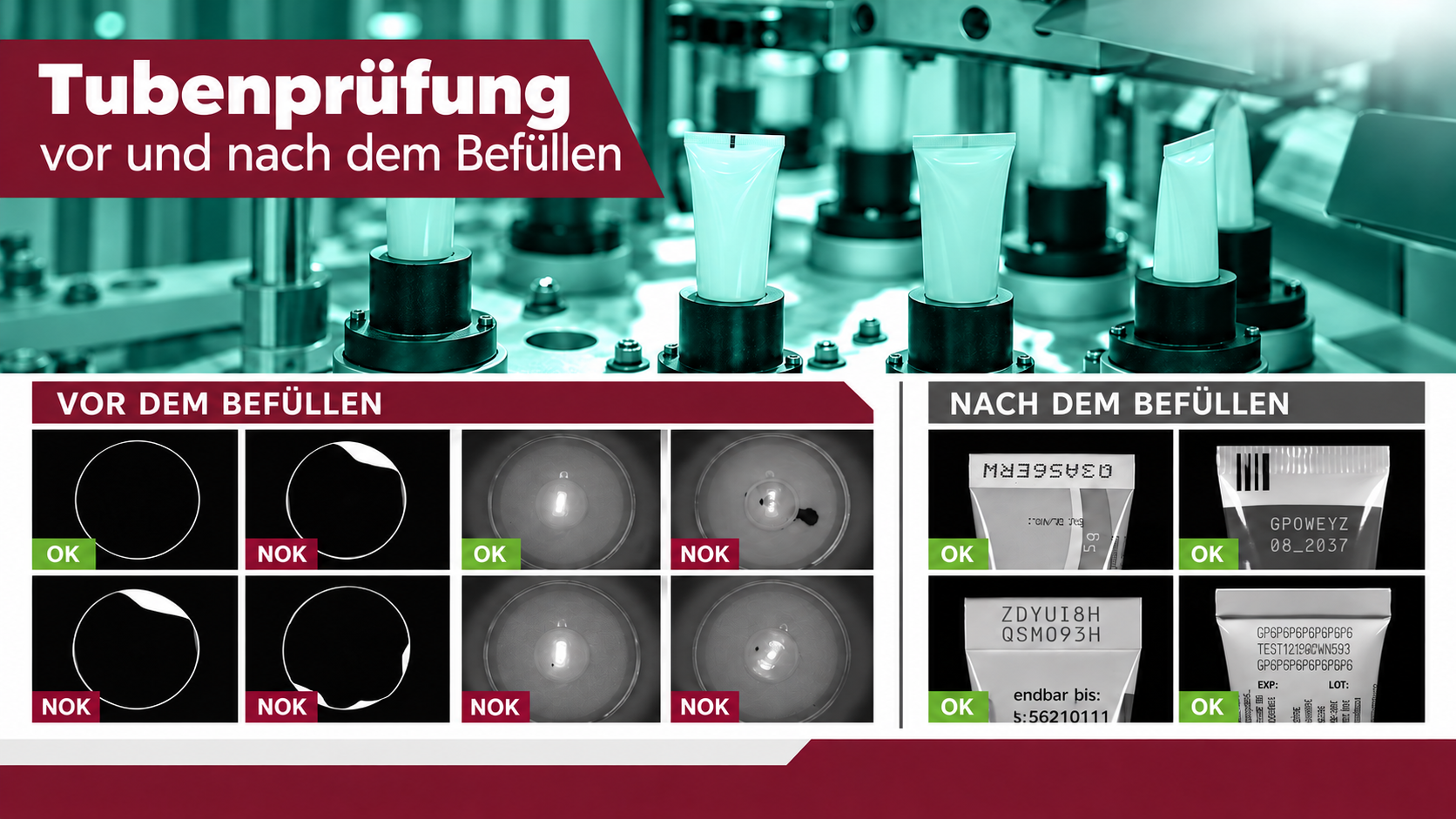 Tubenprüfung vor und nach dem Befüllen. Oben stehen weiße Tuben in einer Produktionsanlage. Darunter zeigen acht Prüfbilder vor dem Befüllen kreisförmige Öffnungen und Innenansichten mit grünen OK- und roten NOK-Markierungen. Vier weitere Prüfbilder nach dem Befüllen zeigen Tubenverschlüsse und aufgedruckte Codes, jeweils als OK gekennzeichnet.