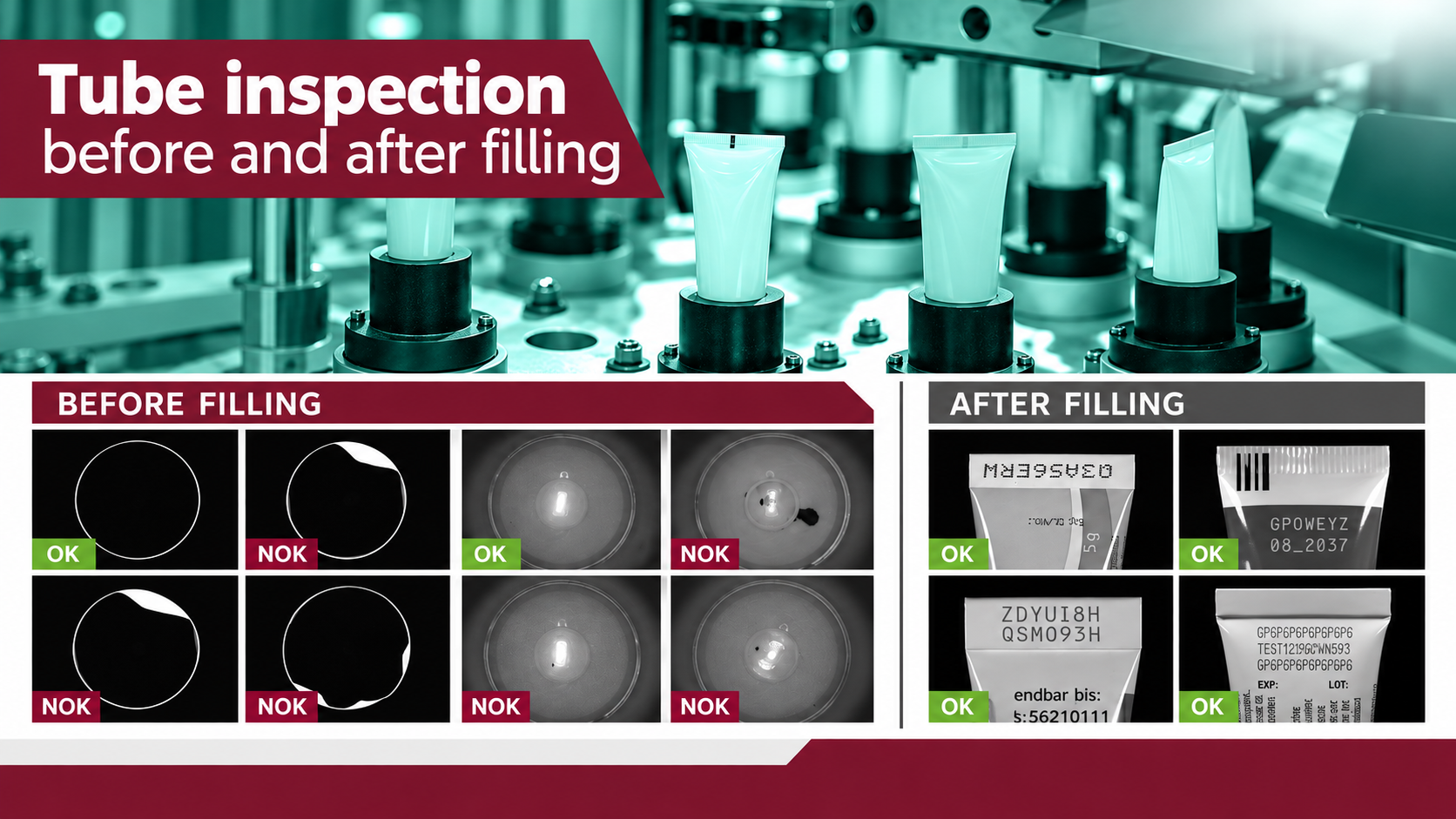 Tube inspection before and after filling. White tubes stand in an industrial production machine. Below, eight inspection images before filling show circular openings and interior views marked with green OK and red NOK labels. Four inspection images after filling show tube seals and printed codes, each labeled OK.