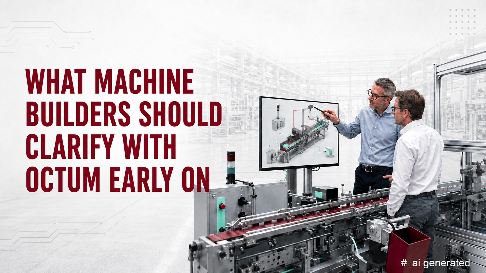 Two engineers discuss early machine vision integration beside an automated production line